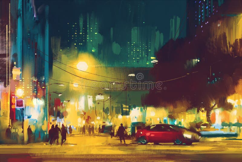 Nachtscène van cityscape met verlichting vector illustratie Nachtscène van cityscape met verlichting vector illustratie