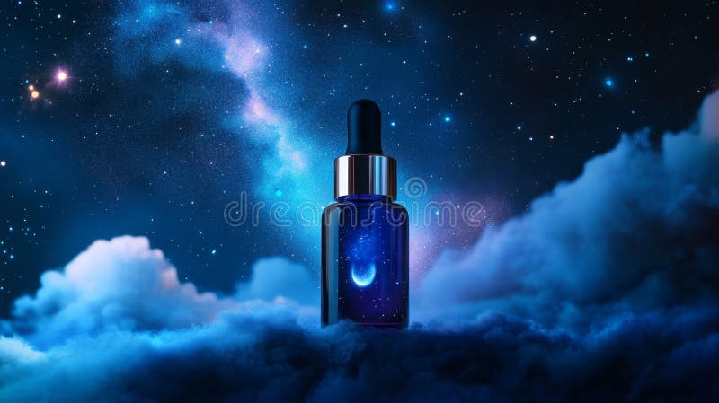 Nachtserum für Hautpflege mit traumhaftem Himmelshintergrund. Erleben Sie eine friedliche Atmosphäre mit diesem abendlichen Serum, das vor einem traumhaften Himmelshintergrund von Sternen und Wolken steht, perfekt für Skinavienprogramme