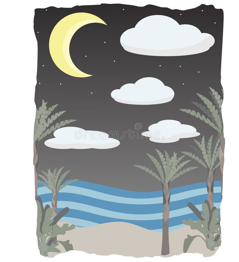 Nachtzeit auf Szenenstrand bewölkt sich, Mond und Sterne lizenzfreie abbildung Nachtzeit auf Szenenstrand bewölkt sich, Mond und Sterne lizenzfreie abbildung