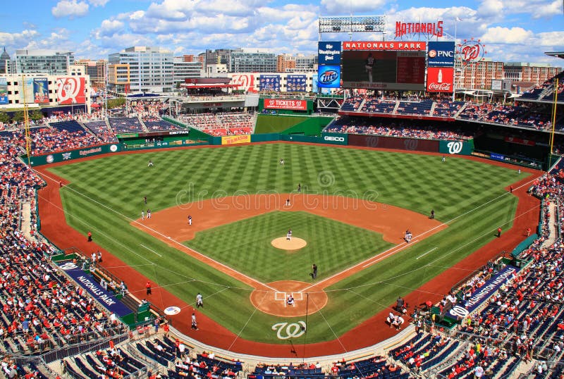 A beautiful view of Nationals Park, home of the Major League Baseball Washington Nationals, on a gorgeous blue sky day in the middle of a pennant race in September. A beautiful view of Nationals Park, home of the Major League Baseball Washington Nationals, on a gorgeous blue sky day in the middle of a pennant race in September.