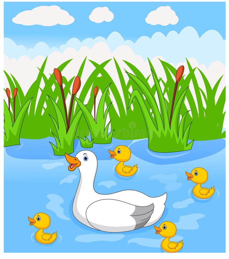 Nadadas de la historieta del pato con sus cuatro pequeños anadones lindos en el río libre illustration Nadadas de la historieta del pato con sus cuatro pequeños anadones lindos en el río libre illustration