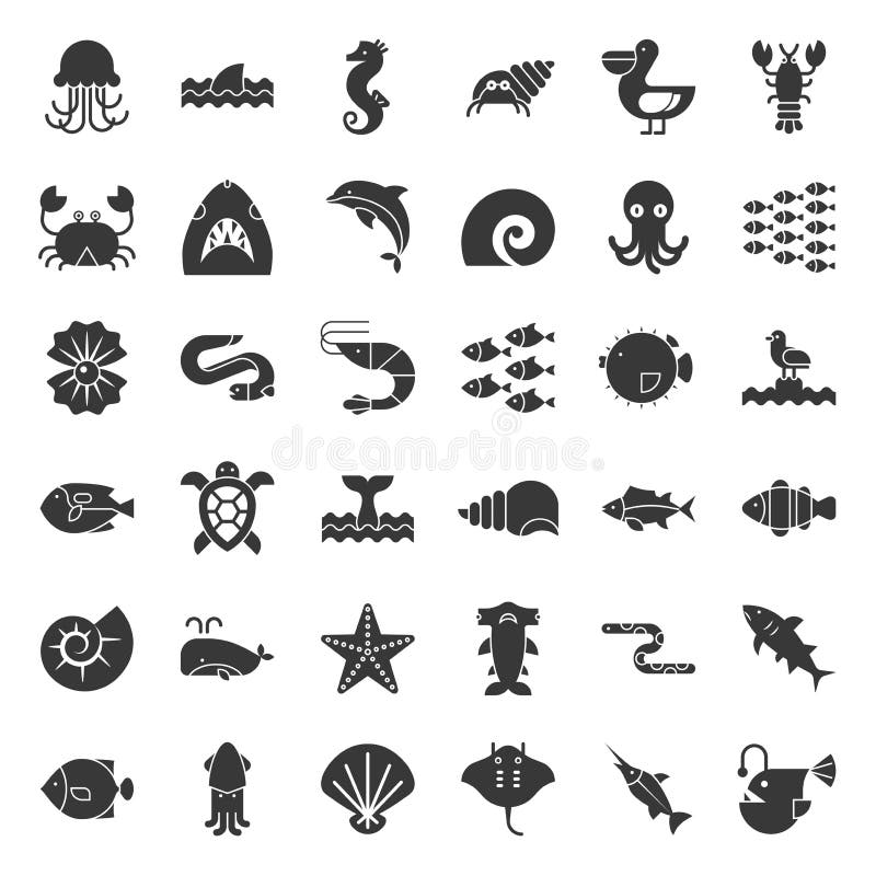 Aquatic Ocean life such as octopus, shell, pelican,herd of fish, vector solid icon set. Aquatic Ocean life such as octopus, shell, pelican,herd of fish, vector solid icon set