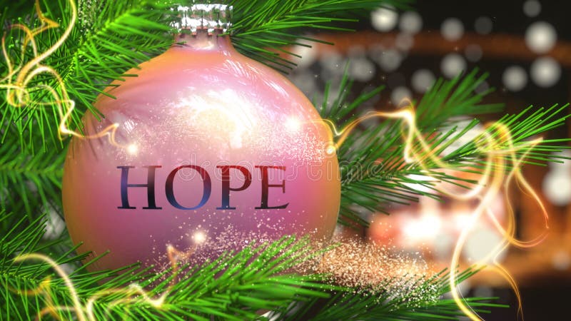 Nadzieja i święta Bożego Narodzenia, przedstawiane jako bożonarodzeniowa kula ozdobna z wyrazem Nadzieja i magiczne wiązki, aby s