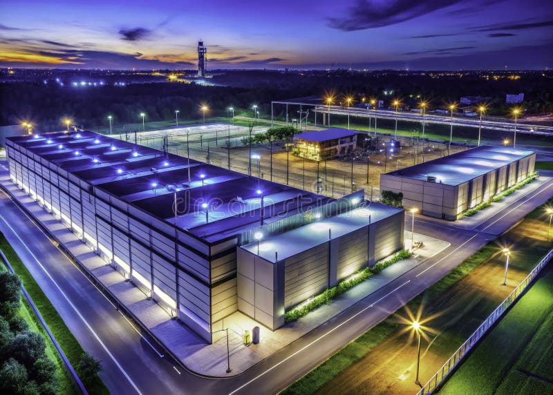 Nadzór dronów nad bezpieczną perspektywą lotniczą centrum danych nad nowoczesną infrastrukturą cyberbezpieczeństwa ilustracji