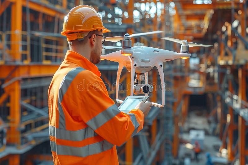 Nadzór dronów w architekturze budowlanej i kontroli kierownictwa za pomocą technologii tabletów ilustracji