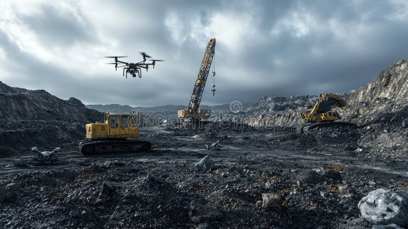 Nadzór nad dronem i obsługa maszyn ciężkich w górnictwie krajobraz przemysłowy Widok z powietrza nowoczesna technologia royalty ilustracja