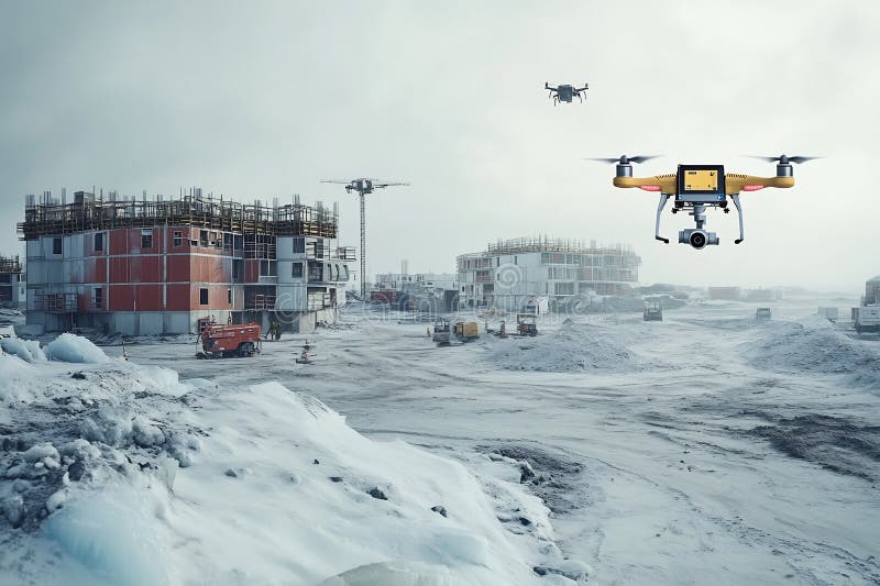 Nadzór nad dronem monitoruje niebezpieczną strefę budowy lodowej tundry royalty ilustracja