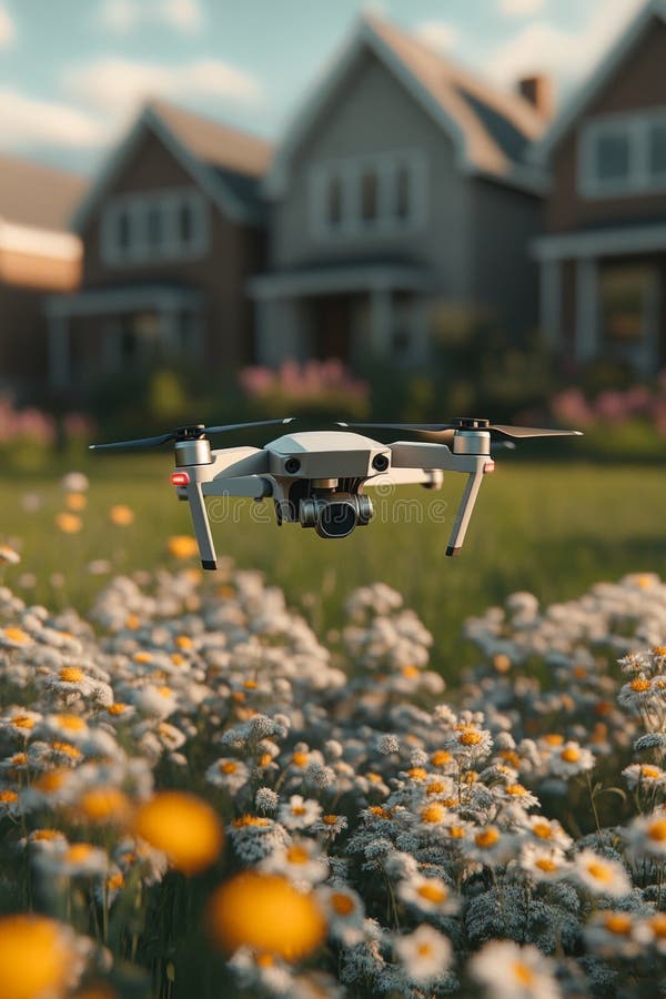 Nadzór nad dronem w działaniu technologia lotnicza zabezpieczająca domy i nieruchomości podmiejskie royalty ilustracja