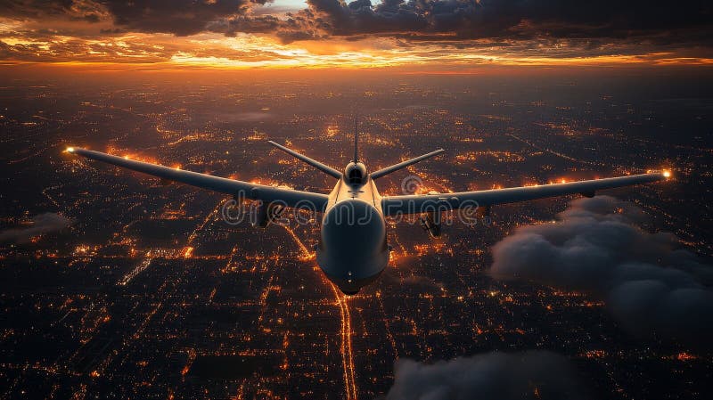 Nadzór nad dronem wojskowym latającym nad miejskim pejzażem nocą ilustracja wektor