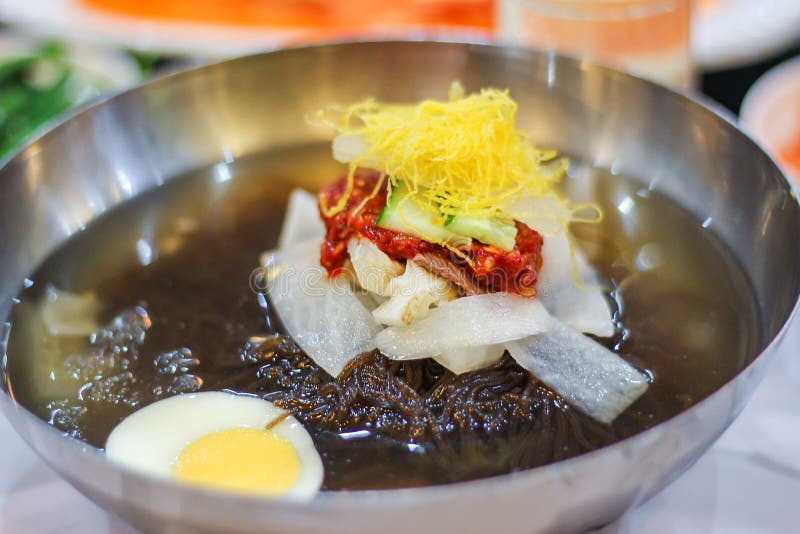 Naengmyeon, Korean Cold Noodle Soup Stock Photo Image of overhead