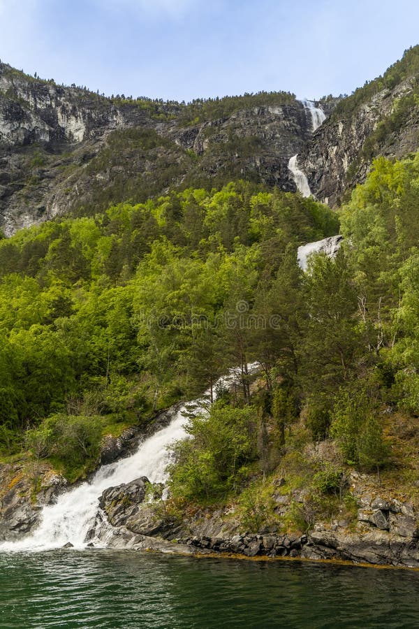 Naeroyfjord\'s lush mountains with a vibrant spring waterfall royalty free stock photo