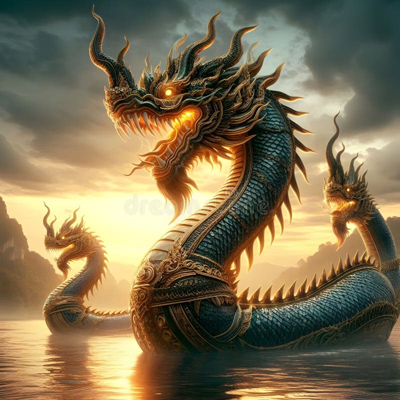 Naga nakharat trei dragoni proiectați intricat ies dintr-o sursă de apă. dragonul central cel mai mare dintre cele trei este stock illustration