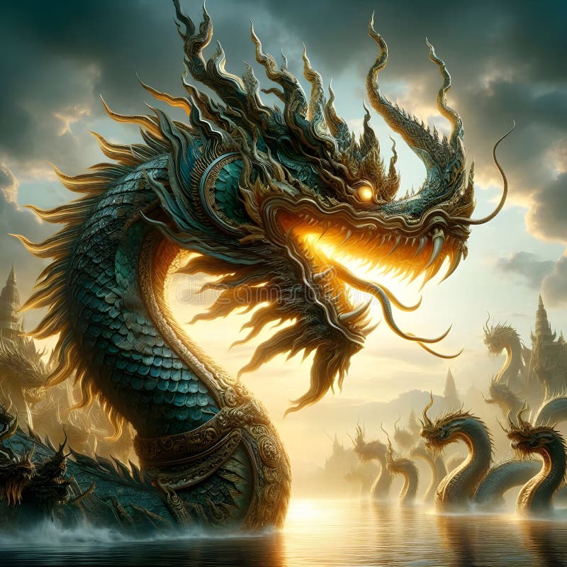Naga o turmă de dragoni care ies din apă și emit lumină aurie stock illustration