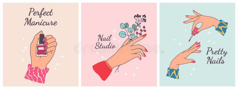 Nail manicure print. Posters for beauty salon with woman hands. Manicured fingers with painted polished nails. Spa trendy design vector set. Hand holding plant branches and bottles. Nail manicure print. Posters for beauty salon with woman hands. Manicured fingers with painted polished nails. Spa trendy design vector set. Hand holding plant branches and bottles