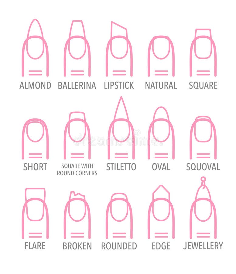 Different fashion nail shapes. Set kinds of nails forms. Salon nails type trends. Short, natural, broken, fake nails. Different fashion nail shapes. Set kinds of nails forms. Salon nails type trends. Short, natural, broken, fake nails.