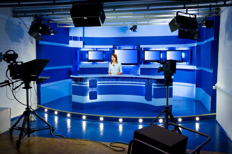 Recording at TV studio with television anchorwoman. Recording at TV studio with television anchorwoman