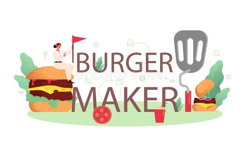 Nagłówek typograficzny producenta burgera. kucharz kucharz smaczny hamburger ilustracji