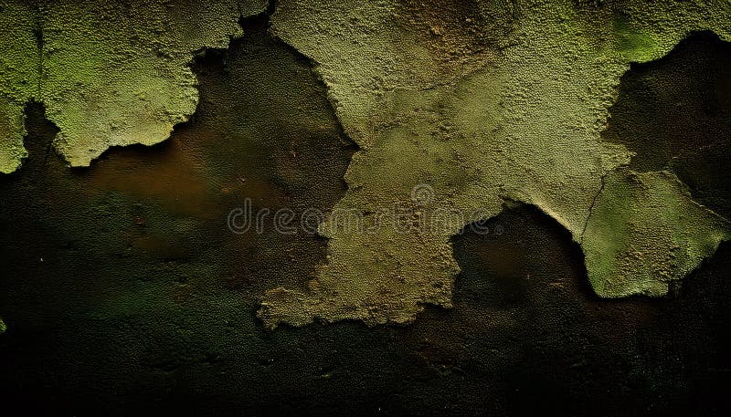 Nah an einer verfallenden Wand mit gebrochener Farbe, die eine dunkle Unterschicht aufdeckt und Zeichen von Moos und Schimmelwachs stockbild
