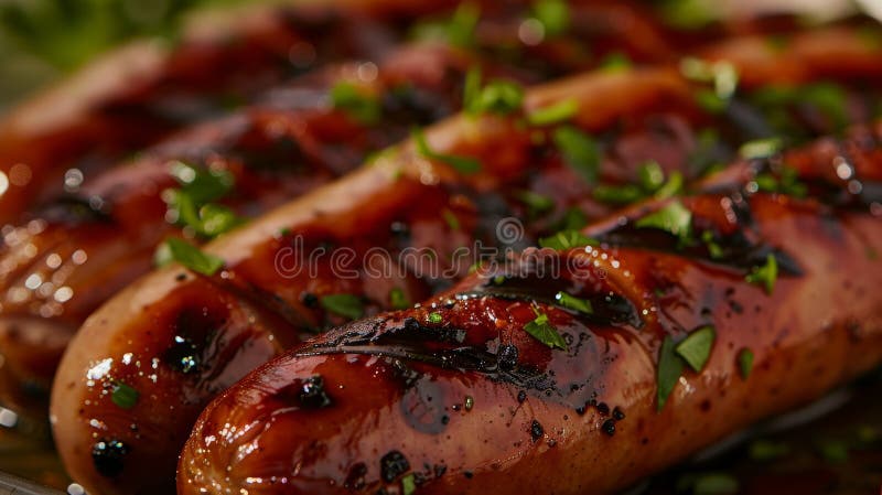 Nah an gegrillten Bratwurstwürsten auf einer Platte mit knuspriger Fassade und frischem Kräutergarnisch vektor abbildung