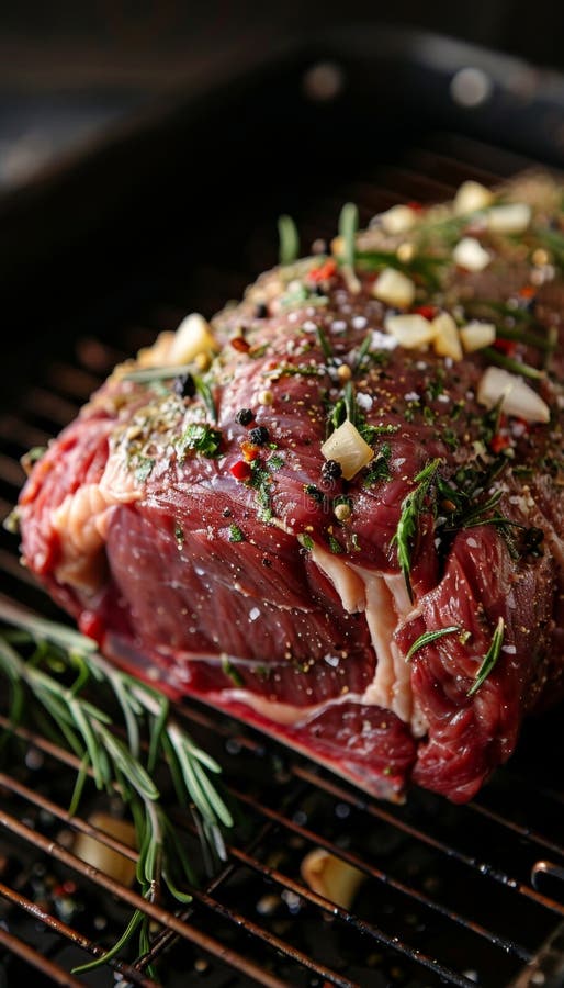 Nah an gewürztem Rippenbraten mit Knoblauchrosmarin und Schwarzpfeffer in Röstpfanne lizenzfreie abbildung