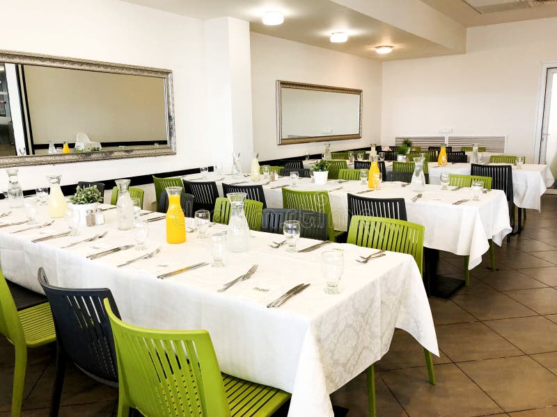 NAHARIYA, ISRAEL-MARCH 10, 2018: Beautifully organized event - served festive white tables ready for guests. Event in a restaurant