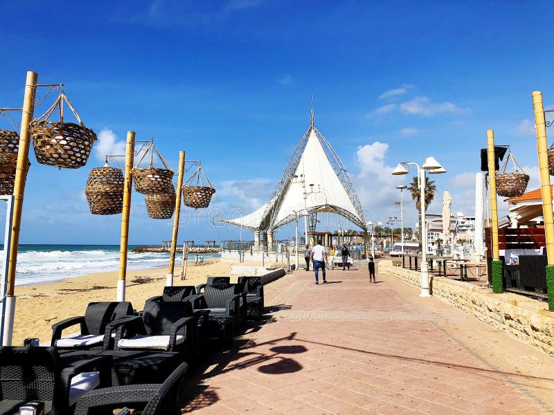 NAHARIYA, ISRAEL-MARCH 9, 2018: Place for walking on the Mediterranean coast in the town of Nahariya.