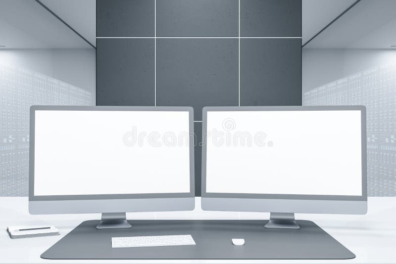 Nahaufnahme des Desktops mit sauberen weißen Computermonitoren im futuristischen Serverraum im Büroinneren. Big Data und Speicherk vektor abbildung