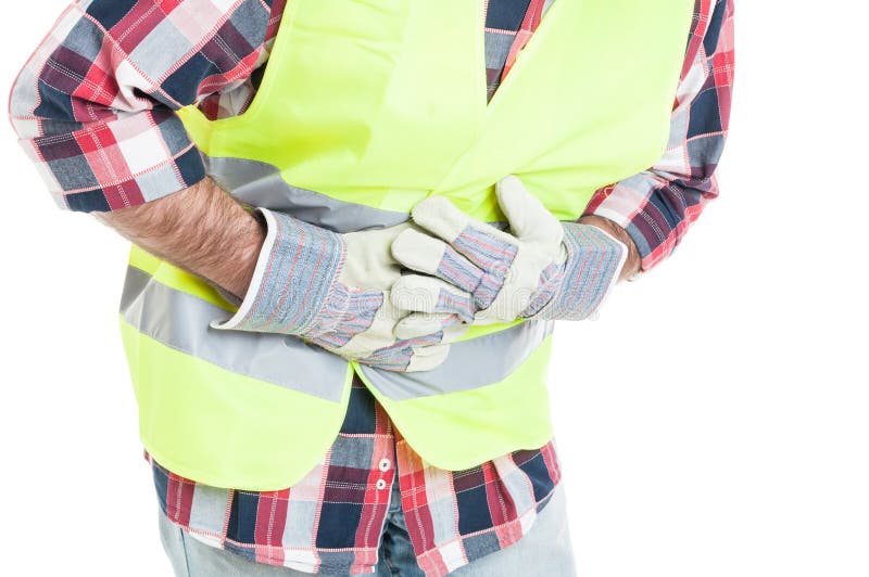Nahaufnahme des Erbauers, der Magenschmerzen hat lizenzfreies stockbild Nahaufnahme des Erbauers, der Magenschmerzen hat lizenzfreies stockbild