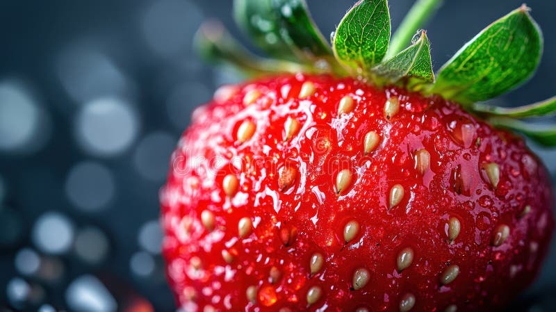 Nahaufnahme einer frischen, saftigen Erdbeere mit Wassertropfen auf der Oberfläche stock abbildung