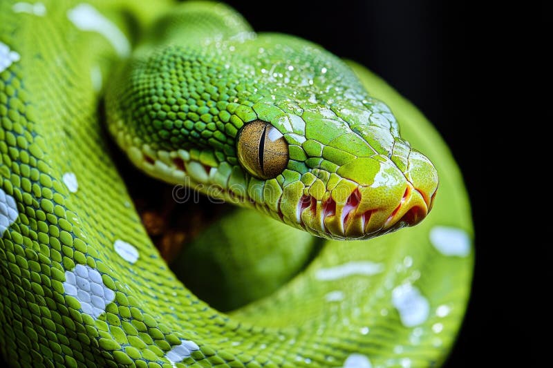 Nahaufnahme einer grünen Schlange mit offenem Mund, perfekt für wild lebende Tiere oder reptillierbaren Inhalt. AI generiert
