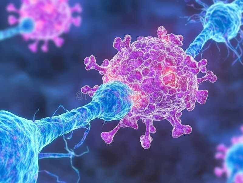 Nahaufnahme einer Synapse, die mit einem leuchtenden Viruspartikel interagiert, das die Immunantwort der neuronalen Kommunikation lizenzfreie abbildung