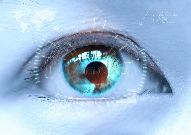 Nahaufnahme Frau ` s blauen Auges das futuristische, Kontaktlinse, Auge c