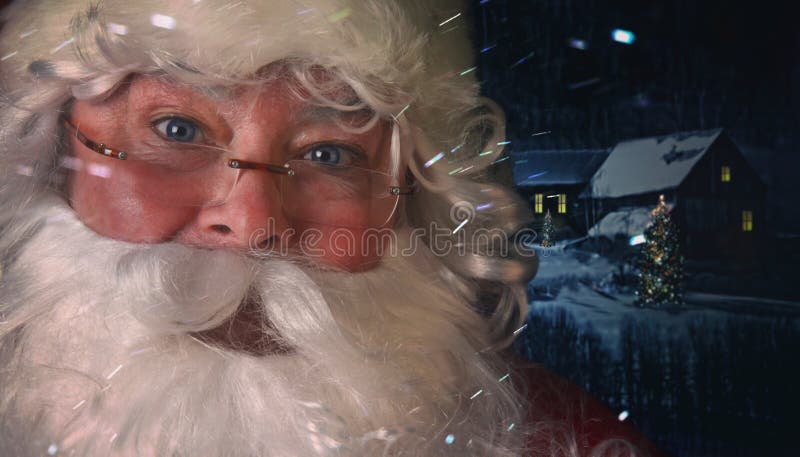 Nahaufnahme von Santa Claus mit Nachtszene im Hintergrund stockfoto Nahaufnahme von Santa Claus mit Nachtszene im Hintergrund stockfoto