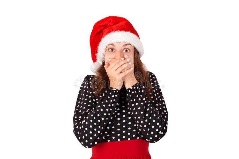 Nahaufnahmeporträt einer jungen Frau erschrocken und ängstlich mit breiten geöffneten Augen emotionales Mädchen im Weihnachtsmann lizenzfreies stockbild Nahaufnahmeporträt einer jungen Frau erschrocken und ängstlich mit breiten geöffneten Augen emotionales Mädchen im Weihnachtsmann lizenzfreies stockbild