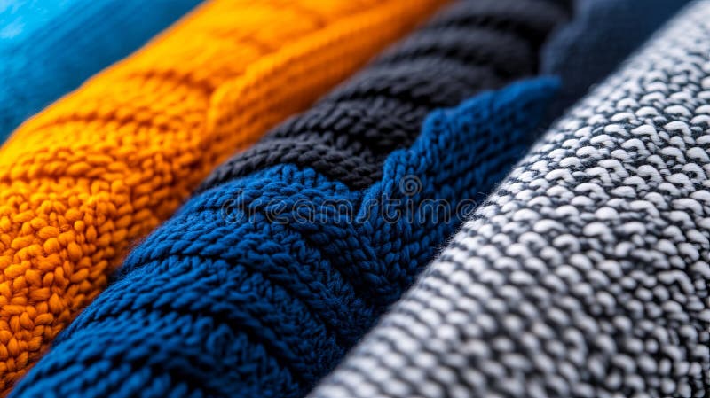 Nahe an einem Haufen farbiger Strickpullover stockfotos