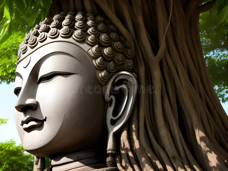 Nahe einer antiken Buddha-Statue in der Rinde Banyan Baum ai generiert stockfotos
