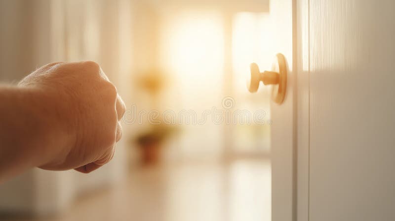 Nahe einer Hand, die einen Türschloss mit einem modernen minimalistischen Wohnzimmer im Hintergrund testet stockfoto