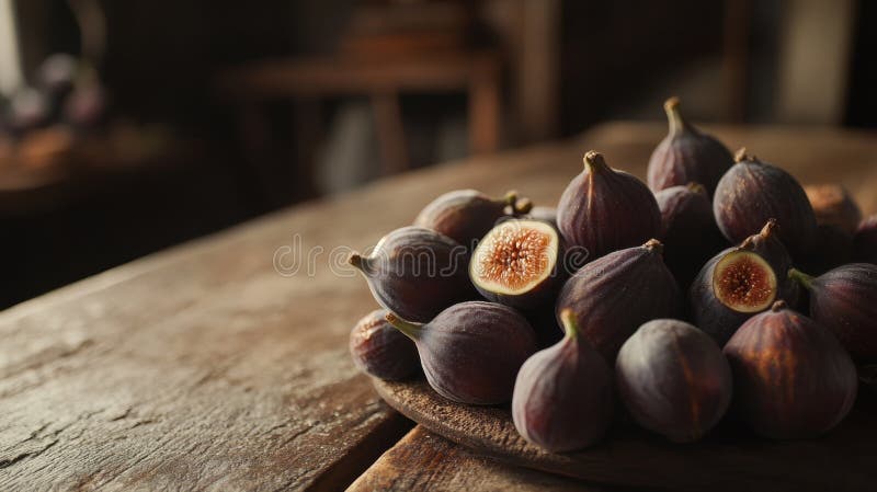 Nahe einer Reihe frischer reifer Feigen, künstlerisch auf einer rustikalen Holztischfläche angeordnet stockfoto