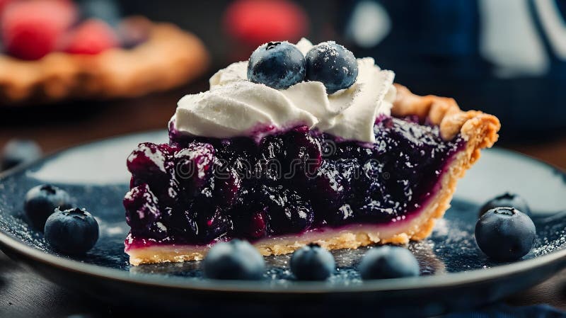 Nahe an einer Scheibe Blueberry Pie Garnelen mit geschlüpfter Creme auf einer dunklen Platte mit rustikalem hausgemachtem Charm stock abbildung