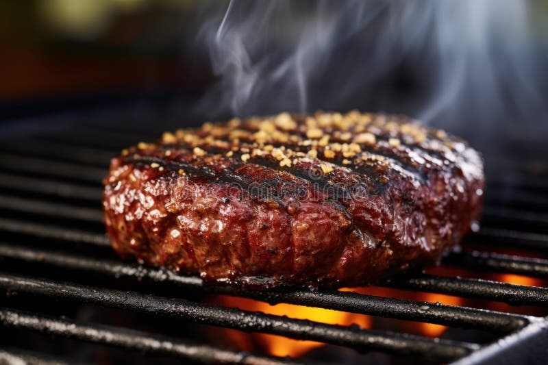 Nahe Hamburger auf einem rauchigen Grill umkippt lizenzfreie abbildung