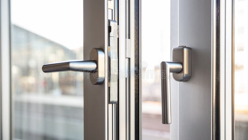Nahe hohe Ansicht von Aluminiumtürfensterkurbeln, gegen ein undeutliches stockfotografie Nahe hohe Ansicht von Aluminiumtürfensterkurbeln, gegen ein undeutliches stockfotografie