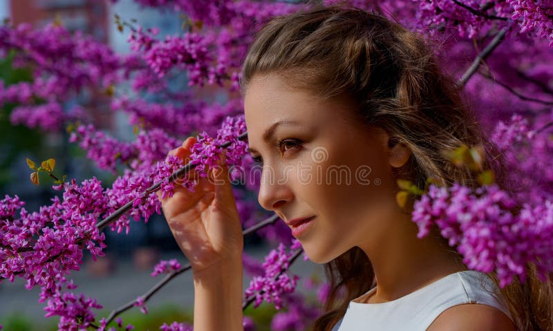 Nahes hohes Porträt der jungen Schönheit mit dem braunen Haar in den weißen Kleiderhaltungen elegant im Blütenrosa Judasbaum lizenzfreies stockbild Nahes hohes Porträt der jungen Schönheit mit dem braunen Haar in den weißen Kleiderhaltungen elegant im Blütenrosa Judasbaum lizenzfreies stockbild
