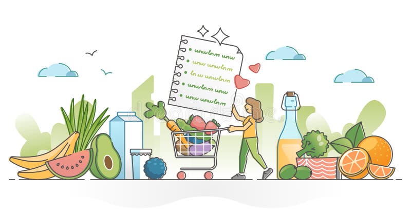 Nahrungsmittelbalance als Produktwahl der gesunden Ernährung während Einkaufsentwurfskonzept