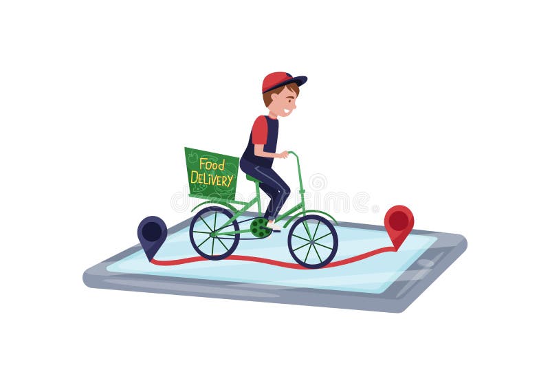 Nahrungsmittelzustelldienst-Arbeitskraftreitfahrrad On-line-Auftragsverfolgung durch Smartphone Flaches Vektordesign stock abbildung Nahrungsmittelzustelldienst-Arbeitskraftreitfahrrad On-line-Auftragsverfolgung durch Smartphone Flaches Vektordesign stock abbildung