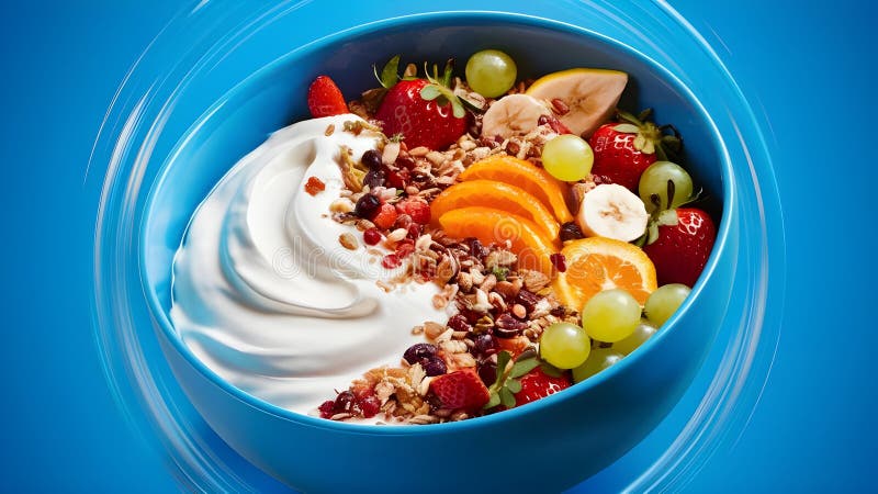 Nahrungsschale : Jogurt und Fruchtmuesli auf blauem Hintergrund. stock abbildung