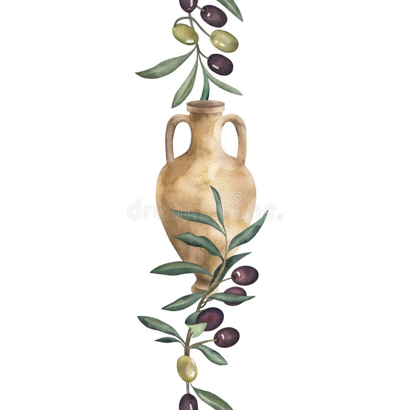 Nahtlose Grenze mit Aquarellbild Amphora aus Ton mit Olivenzweigen grüne schwarze Früchte Blätter. Hand vektor abbildung