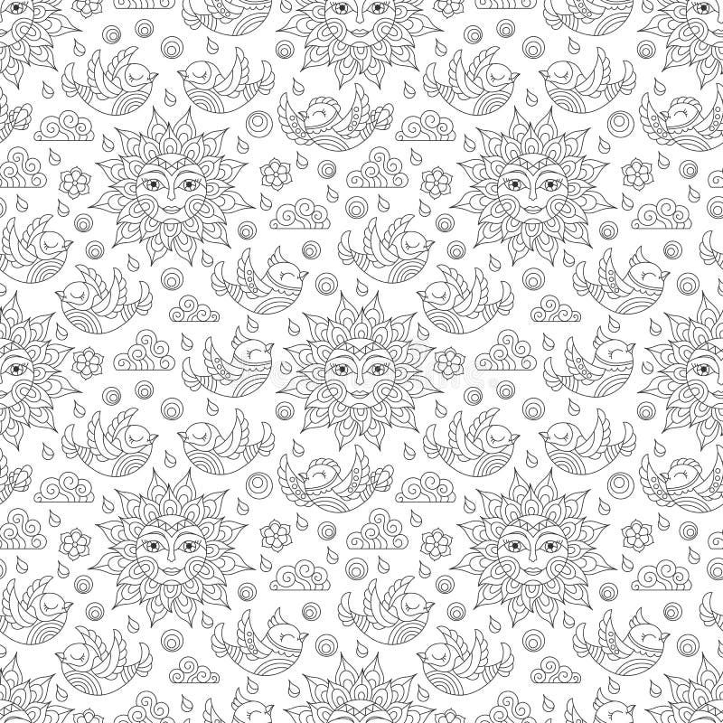 Seamless pattern with contour suns, clouds and birds, dark outlines on a white background. Seamless pattern with contour suns, clouds and birds, dark outlines on a white background