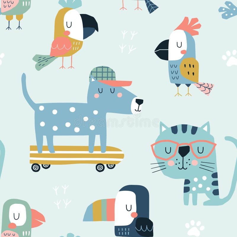 Nahtlose kindisches Muster mit freundlichen Papageientukanen Katzen und Hunde. skandinavische Artkinderbeschaffenheit für das Gewe