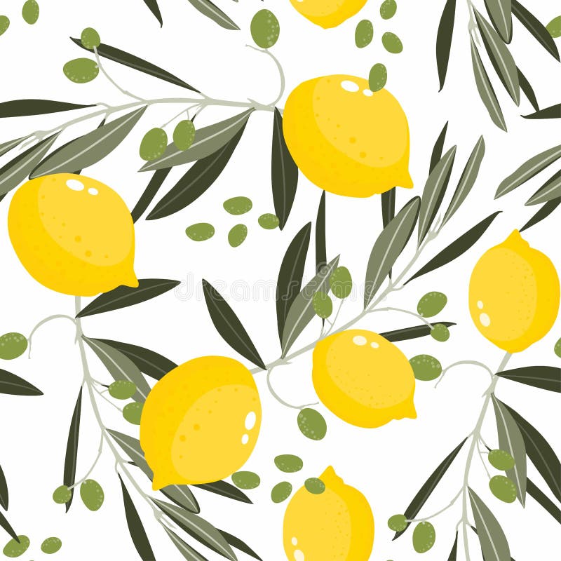 Nahtlose mit Blumenverzierung Zitrusfrüchten mit bunten Zitronen und Friedensangebot. Sommerhintergrund mit grafischen gelben Früc stock abbildung