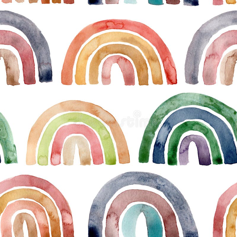 Watercolor abstract seamless pattern with multicolored rainbows. Hand painted natural phenomenon illustrations isolated on white background. For design, print, fabric or background. Watercolor abstract seamless pattern with multicolored rainbows. Hand painted natural phenomenon illustrations isolated on white background. For design, print, fabric or background